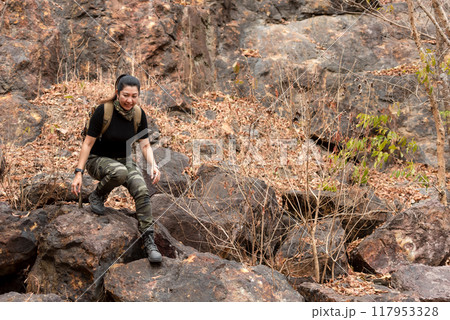 Hiker asian woman backpack walking trail activity camping outdoors Hiker asian woman backpack walking trail activity camping outdoors 117953328