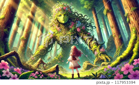 幻想的な森の守護者と出会う少女 117953394