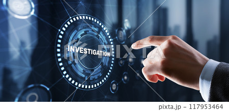 Investigation Business concept. Man presses investigations button on a virtual screen 117953464