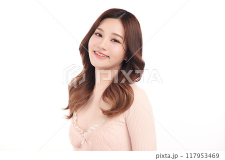 Beautiful young asian woman with clean fresh skin on white background, Face care, Facial treatment, Cosmetology, beauty and spa, Asian women portrait. 117953469