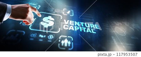 Venture capital. Investor capital. Businessman pressing virtual screen inscription Venture capital. Investor capital. Businessman pressing virtual screen inscription 117953507