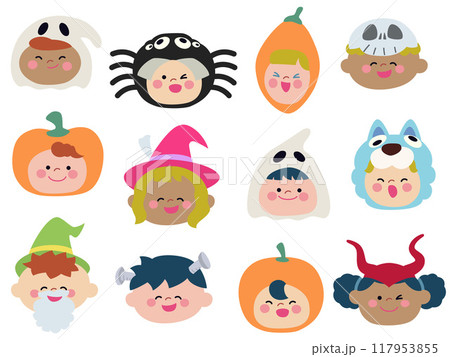 ハロウィンで仮装した子供たちの顔アイコンセット 117953855