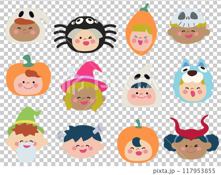 ハロウィンで仮装した子供たちの顔アイコンセット 117953855