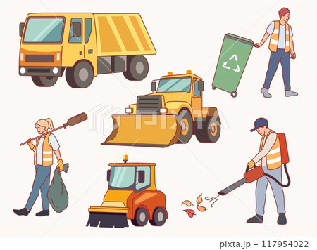 Street cleaning machines. Ridding city of garbage, cleaners and appliances, professional janitors in uniform and removing cars, vacuum equipment cartoon flat isolated illustration, vector set Street cleaning machines. Ridding city of garbage, cleaners and appliances, professional janitors in uniform and removing cars, vacuum equipment cartoon flat isolated illustration, vector set 117954022