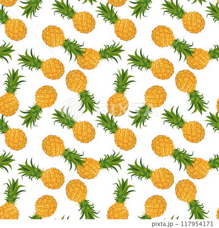 Vector seamless pattern with pineapples on white background. Perfect for Hawaiian style textile print, summer party design, juice packaging. Tropical fruits in flat style. Vector seamless pattern with pineapples on white background. Perfect for Hawaiian style textile print, summer party design, juice packaging. Tropical fruits in flat style. 117954171