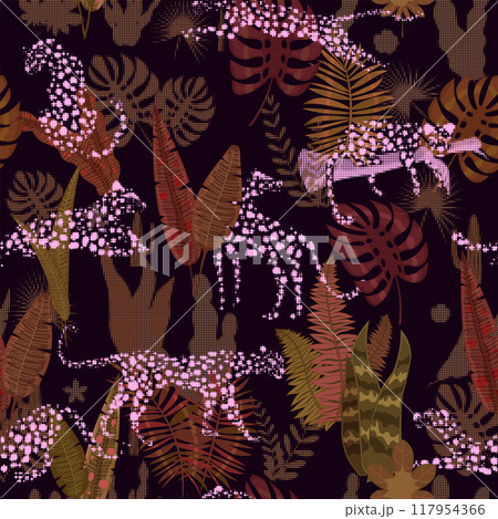 Leopard seamless pattern with tropical leaves 117954366