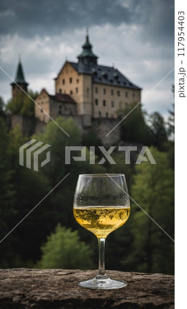 Czech Becherovka with Old Castle and Forest View 117954403