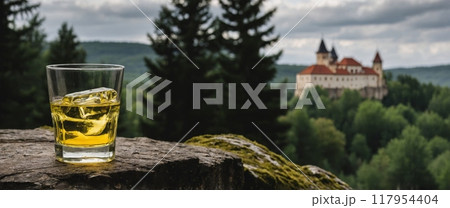 Czech Becherovka with Old Castle and Forest View 117954404