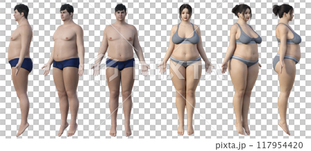 Illustration set of a fat man and a chubby woman. Realistic and three-dimensional 3D model of the whole body, front, side, and diagonal Illustration set of a fat man and a chubby woman. Realistic and three-dimensional 3D model of the whole body, front, side, and diagonal 117954420