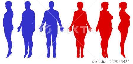 太った男性と女性の全身正面 横向き 斜めのイラスト シルエットセット 赤と青 117954424