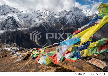 Beautiful view from the top of Tsergo Ri (4,990m) the high point on the Langtang valley trek of Nepal. The prayer flags initiate peace and good tidings, their sacred mantras etched on the wind. 117954431
