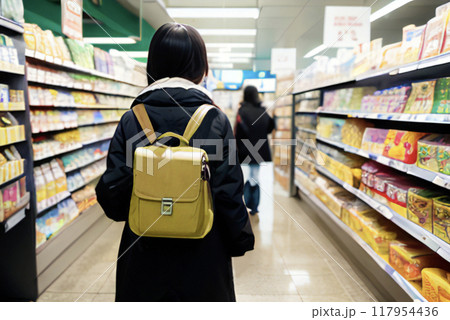 コンビニエンスストアの中を歩く女性の後姿,generative ai 117954436