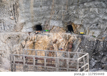 The construction site in Syabrubesi of Nepal. Many infrastructure projects in Nepal being financed by China. 117954449