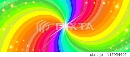 Rainbow swirl vector background. Spiral magic abstract wallpaper. Spectrum color vibrant dynamic hypnotic bg. Vivid radial sunbeams with stars and sparkles. 117954495