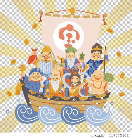 A simple and cute illustration of the Seven Lucky Gods and a treasure ship 117955108
