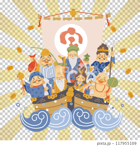 A simple and cute illustration of the Seven Lucky Gods and a treasure ship 117955109