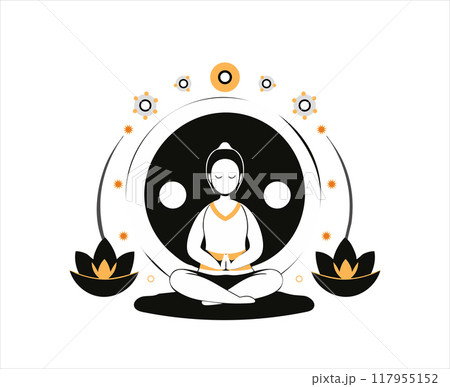 A peaceful vector illustration of Buddha meditating with a yin-yang symbol and lotus flowers. Perfect for designs focused on balance, spirituality, and mindfulness. A peaceful vector illustration of Buddha meditating with a yin-yang symbol and lotus flowers. Perfect for designs focused on balance, spirituality, and mindfulness. 117955152