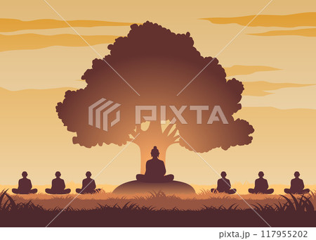 lord of buddha and monks meditation under bodhi tree lord of buddha and monks meditation under bodhi tree 117955202