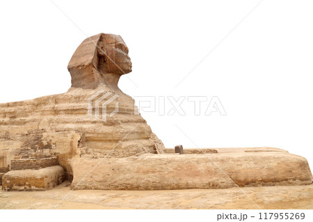 Famous Great Sphinx, Cairo, Egypt. Ancient statue of Sphinx, mythical creature with head of man and body of a lion, Giza pyramid complex (Giza Necropolis). Isolated on white background 117955269