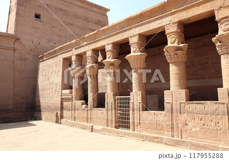 Ancient Egyptian stone columns, Temple of Isis on Agilkia Island (Philae), reservoir of Aswan Low Dam, Egypt Ancient Egyptian stone columns, Temple of Isis on Agilkia Island (Philae), reservoir of Aswan Low Dam, Egypt 117955288