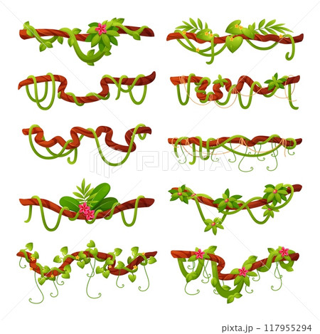 Cartoon jungle lianas. Exotic climbing plants with flowers, creepers hanging branches, tropical curved stems, game location elements, botanical ivy natural vector isolated set 117955294