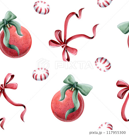 Christmas ball ornaments with red green bows and striped candies watercolor seamless pattern on white for winter holidays wrapping paper and New Year greeting cards 117955300