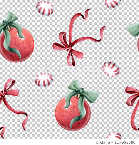 Christmas ball ornaments with red green bows and striped candies watercolor seamless pattern on white for winter holidays wrapping paper and New Year greeting cards 117955300