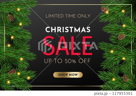 Christmas sales. Fir twigs frame, new year discounts flyer with copy space for promotional text, pine cones, light bulbs garlands, holiday winter shopping, realistic isolated vector concept 117955301
