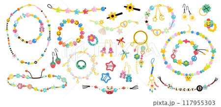 Friendship kids beads. Plastic colored beads with letters, emoticons, flowers, pacifiers, handmade cute bracelets, jewelry and bijouterie isolated funny handicraft accessories tidy vector set 117955303