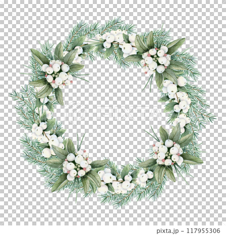 Christmas pine tree wreath with fir branches and snowberry white berries watercolor isolated illustration. Hand drawn round frame with traditional winter plants, botanical clipart for New Year holiday Christmas pine tree wreath with fir branches and snowberry white berries watercolor isolated illustration. Hand drawn round frame with traditional winter plants, botanical clipart for New Year holiday 117955306