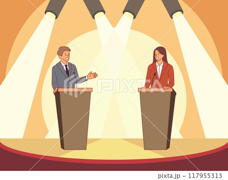 Politicians on stage. Opponents debate behind wooden pedestals, public speech, speakers arguing, programs promotion, man and woman candidate meeting cartoon flat isolated vector concept 117955313