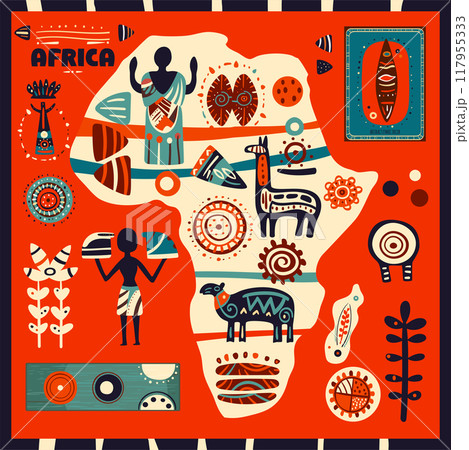 Square poster with Africa map and of eye-catching ethnic ornaments. African tribal motifs. Can be used for card, banner, background, flyer, placard, gift tags, labels or posters templates. Vector EPS8 Square poster with Africa map and of eye-catching ethnic ornaments. African tribal motifs. Can be used for card, banner, background, flyer, placard, gift tags, labels or posters templates. Vector EPS8 117955333