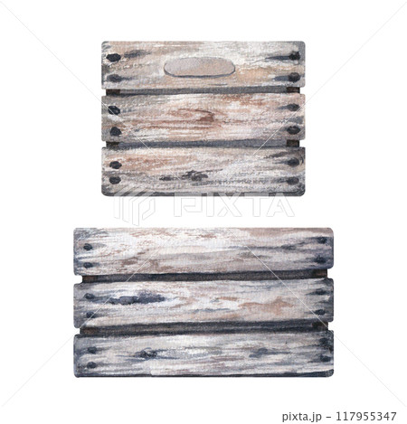 Set of empty wooden boxes for plants, vegetables, fruits. Hand drawn watercolor illustration. Isolated on white background. For clip art label package Set of empty wooden boxes for plants, vegetables, fruits. Hand drawn watercolor illustration. Isolated on white background. For clip art label package 117955347
