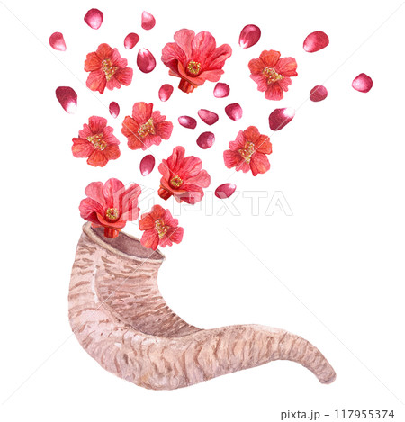 Shofar with pomegranate flowers and seeds coming out of it watercolor composition isolated on white. Hand drawn illustration for Rosh Hashanah cards, posters, designs, prints. Festive autumn clip art 117955374