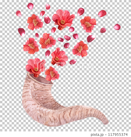 Shofar with pomegranate flowers and seeds coming out of it watercolor composition isolated on white. Hand drawn illustration for Rosh Hashanah cards, posters, designs, prints. Festive autumn clip art 117955374