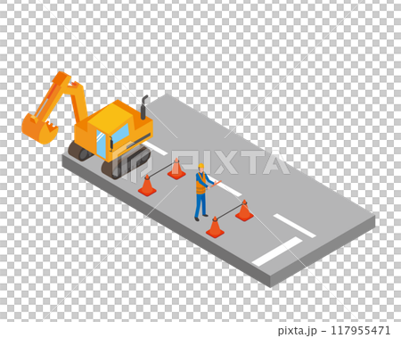 Road construction and a man directing traffic 117955471