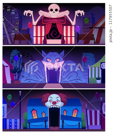 A vector Halloween collection featuring horror houses with a cat with scary fangs, a skeleton A vector Halloween collection featuring horror houses with a cat with scary fangs, a skeleton 117955507