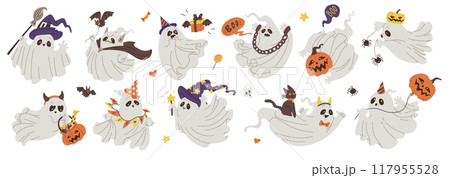 Cute spooky white ghost with Halloween decorations, pumpkin head basket with candies, witch hat and broom vector set Cute spooky white ghost with Halloween decorations, pumpkin head basket with candies, witch hat and broom vector set 117955528