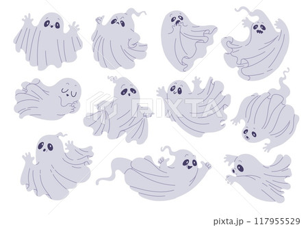Set of vector illustrations for Halloween, which depicts flying ghosts: frightening, happy, sleeping, scared, unhappy. Set of vector illustrations for Halloween, which depicts flying ghosts: frightening, happy, sleeping, scared, unhappy. 117955529