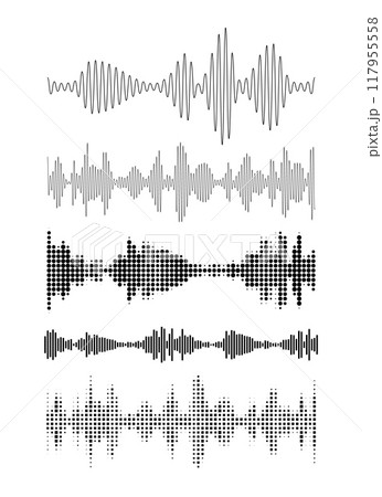 Sound pulsing lines and waves vector set, audio impulse signal, music sound equalizer, radio frequency chart line, pixel 117955558