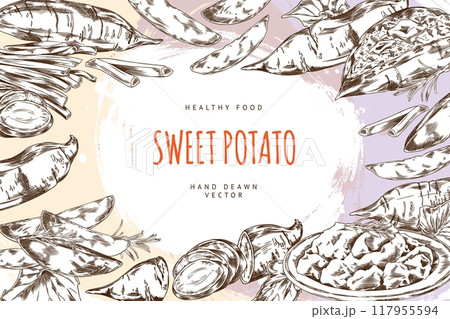Vector hand drawn illustration of frame with Japanese sweet potato. Vector hand drawn illustration of frame with Japanese sweet potato. 117955594