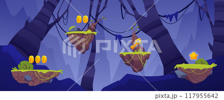Vector graphics showing a night landscape with levitating stones, green grass and prize bonuses 117955642