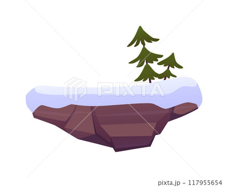 Winter level platform with snowdrifts and fir-trees, game island frozen land floating, vector fantasy north rock stage 117955654