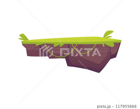 Level platform with green lawn, floating grass land game island vector illustration, cartoon fantasy summer rock stage 117955668