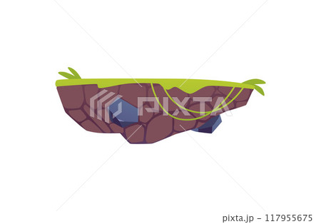 Level platform with green lawn and liana, floating grass land game island, vector cartoon fantasy summer rock stage Level platform with green lawn and liana, floating grass land game island, vector cartoon fantasy summer rock stage 117955675