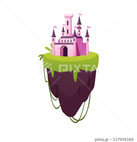 Vector illustration of a flying island with a beautiful pink castle on green gras 117956160