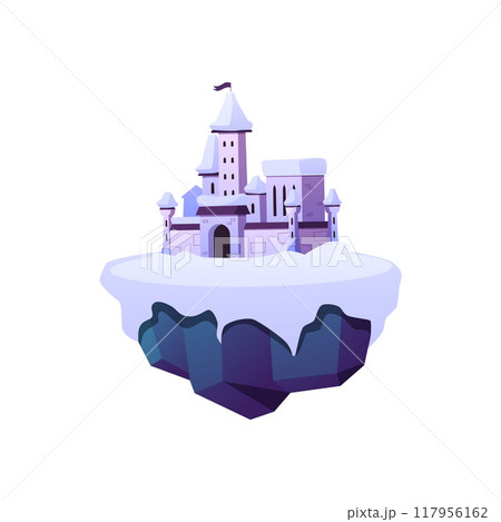 Floating winter island with medieval castle, vector fairytale mansion, fortress with snowdrifts, fantasy game platform Floating winter island with medieval castle, vector fairytale mansion, fortress with snowdrifts, fantasy game platform 117956162