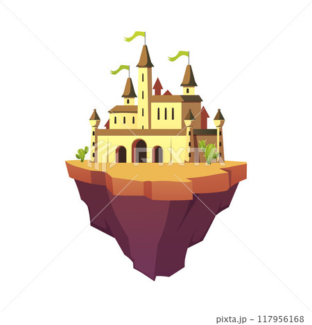 Floating land island with medieval castle with towers, vector fairytale mansion, cartoon fantasy game palace on platform 117956168