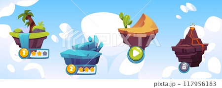 Vector illustration with a map of passing levels and flying islands with various locations Vector illustration with a map of passing levels and flying islands with various locations 117956183