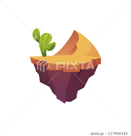 Level platform with cactus in sand dunes, floating desert land game island, vector cartoon fantasy rock stage isolated Level platform with cactus in sand dunes, floating desert land game island, vector cartoon fantasy rock stage isolated 117956185
